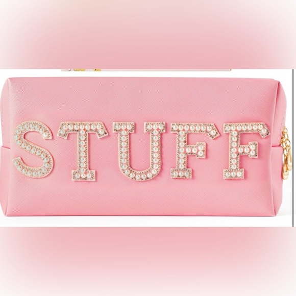 Pearl Rhinestone Stuff Letter Pink Patch Makeup Bag Extra Large Cosmetic Pouch - Picture 2 of 7